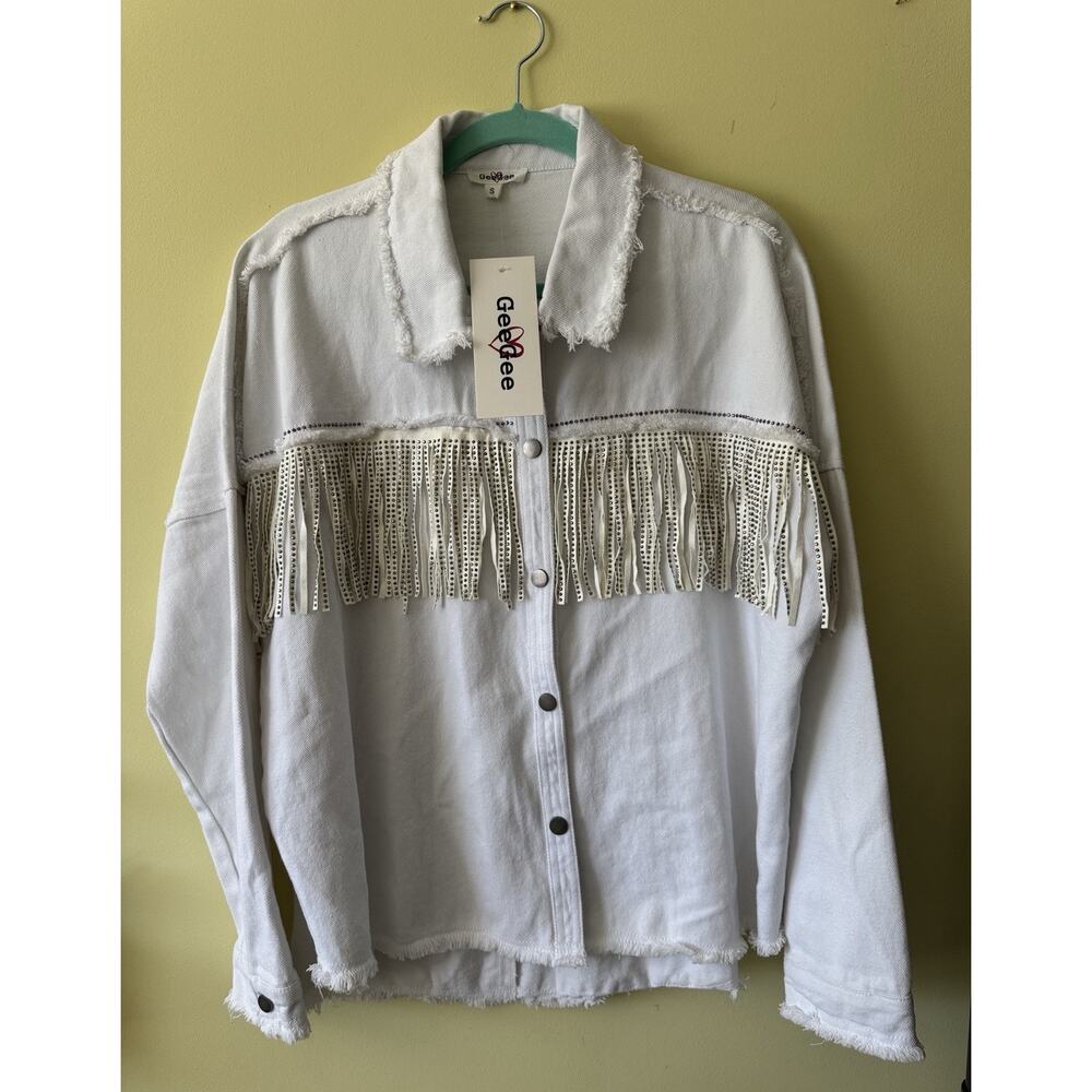 GeeGee White Fringe Denim Shacket Small Western Boho Festival Jacket NWT